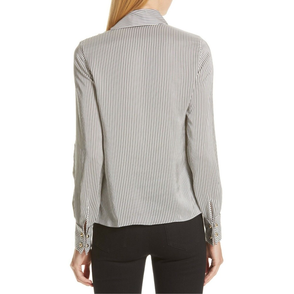 ERDEM Grey White Gold Cuff Link FLORINN Pin-Stripe Satin Blouse 6 US 10 42 38 36 - Picture 2 of 12